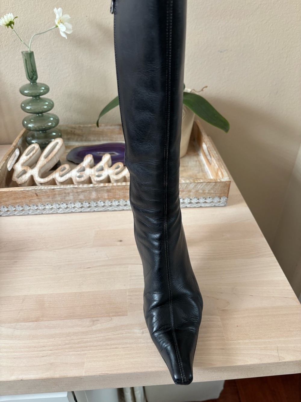 Prada Black Seta Calf Leather Knee High Boots Kitten Heel EU 36 US 6 Pointed Toe - Picture 5 of 16